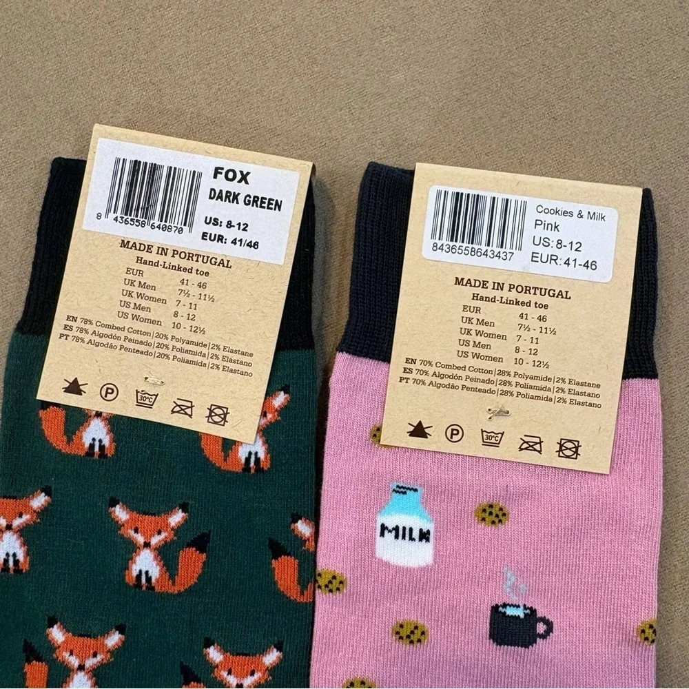 Jimmy Lion Novelty Socks Fox Print & Cookies and Milk Print Both NWT